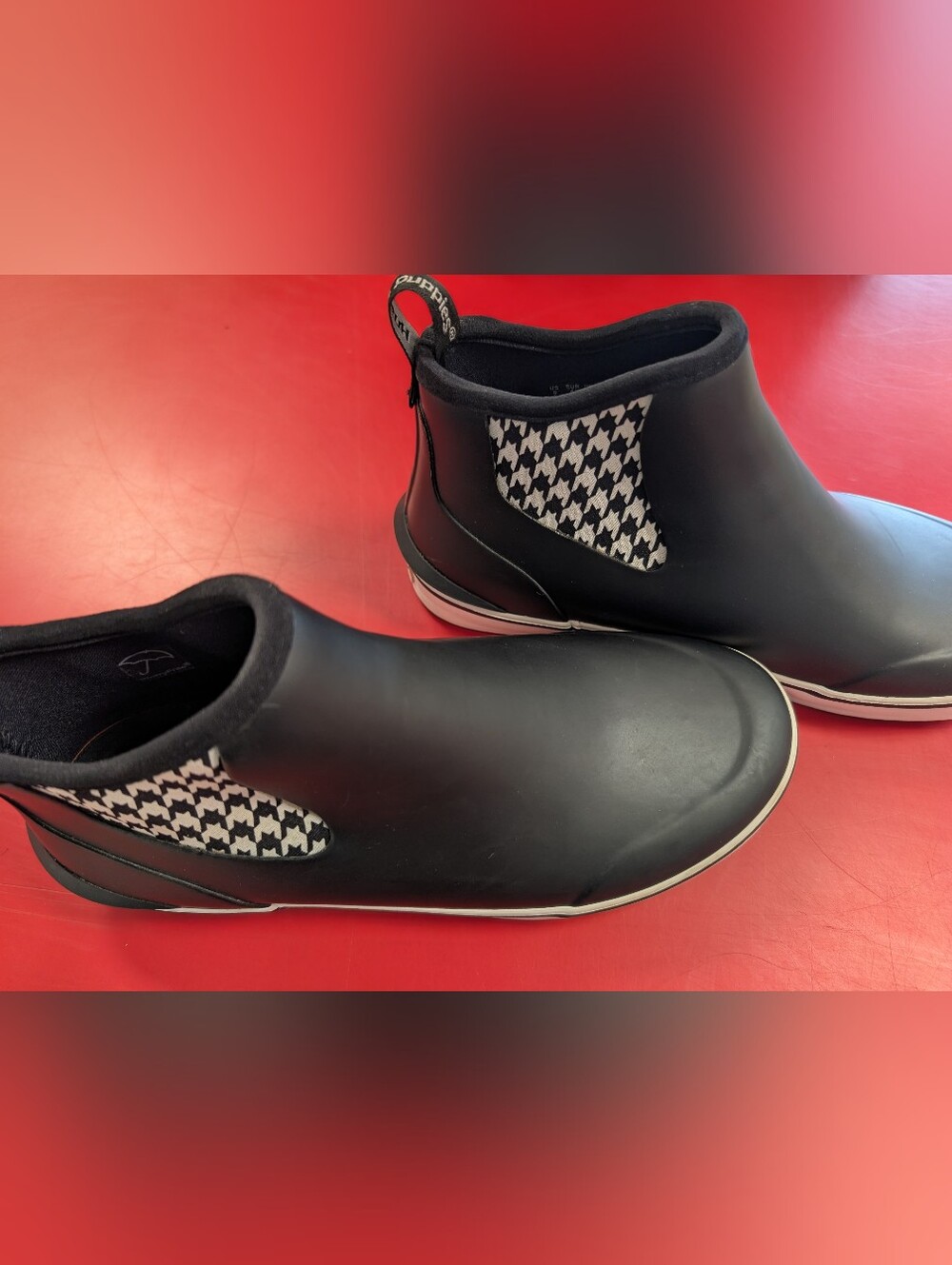 Hush Puppies Black Ankle Rain Boots with Houndstooth Panel